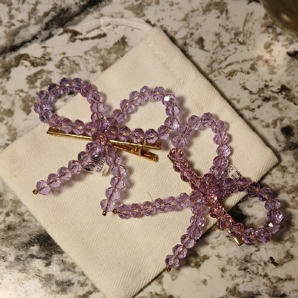 NWT Crystal Bead Hair Clips Bows Multi-faceted Bevel Beads